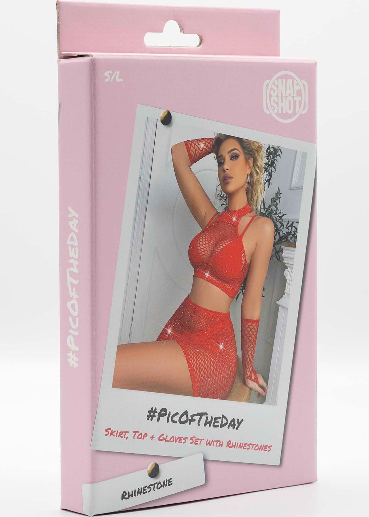 Skirt, Top + Gloves Set with Rhinestones S/L - Red