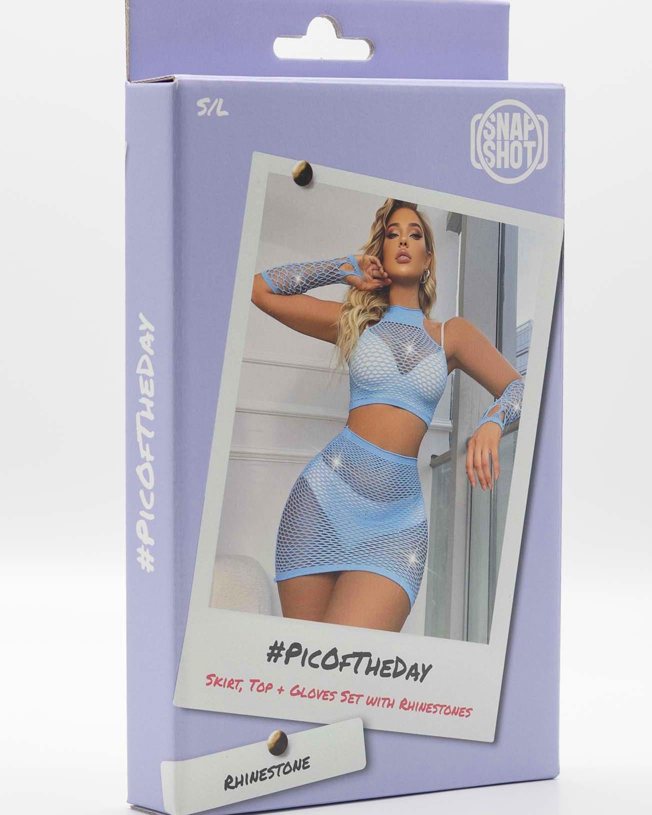 Skirt, Top + Gloves Set with Rhinestones S/L - Blue