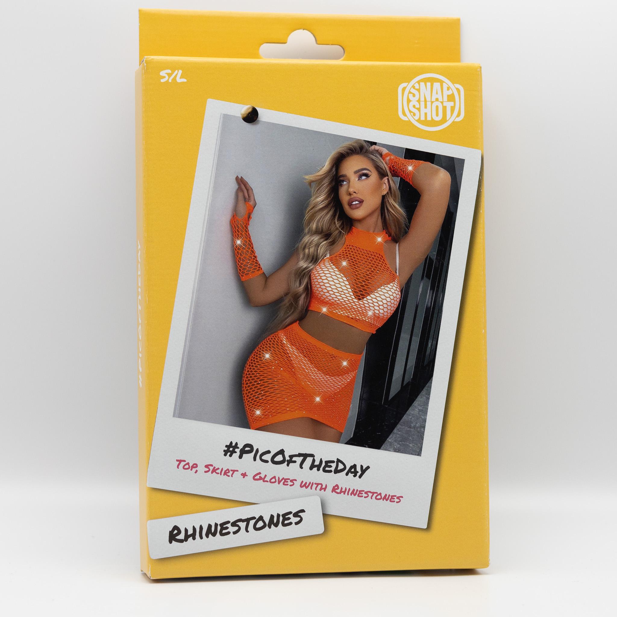 Skirt, Top + Gloves Set with Rhinestones S/L - Orange